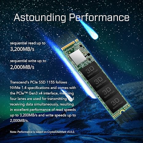 Transcend MTE115 M.2 2280 SSD Up to 3,200 MB/s, Compatible w/Ultrabook Laptop PC Desktop, PCIe NVMe Gen3x4 SSD, 3D TLC NAND Flash Internal Solid State Drive