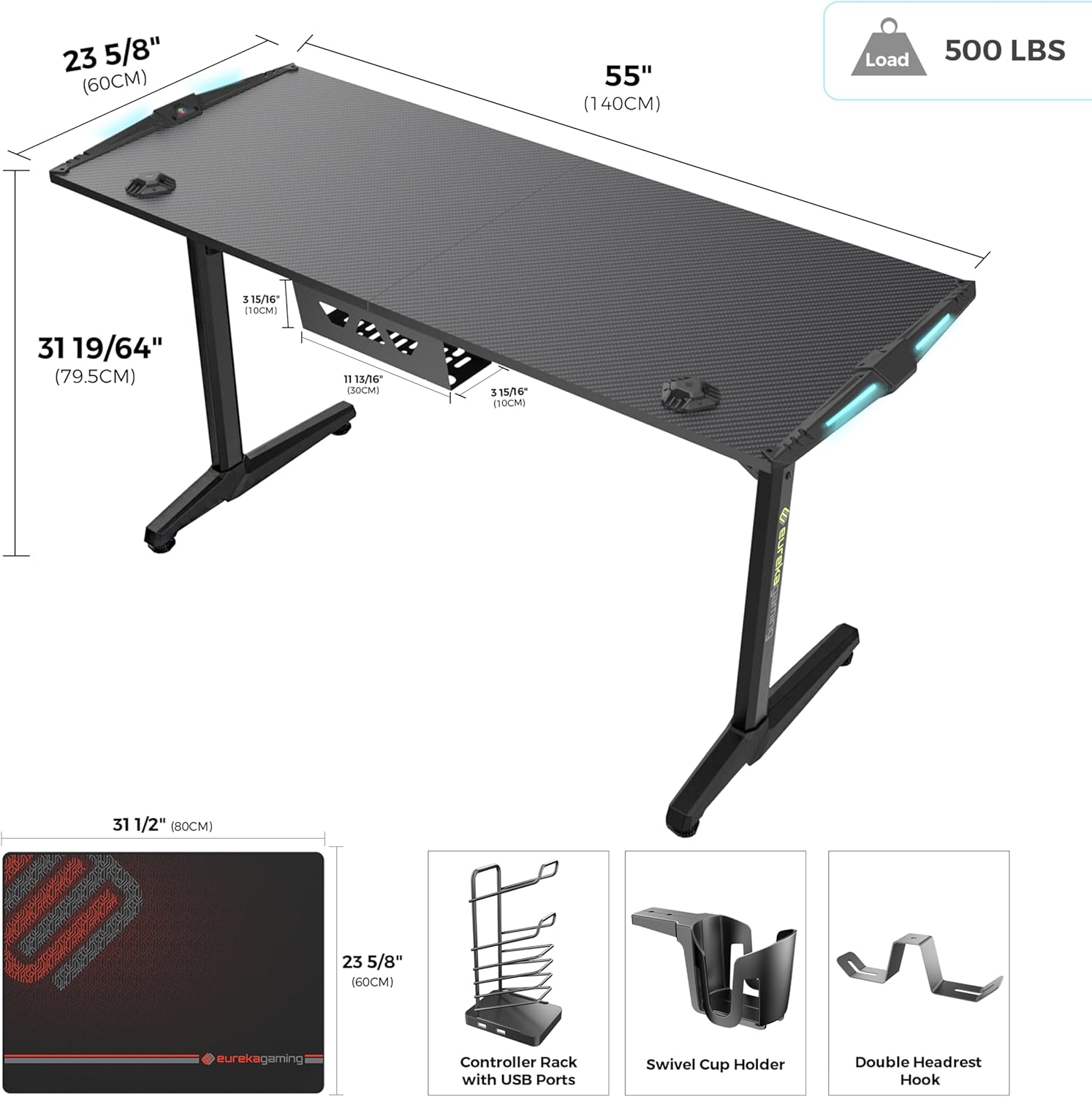 Eureka Ergonomic 55 Inch RGB LED Gaming Desk