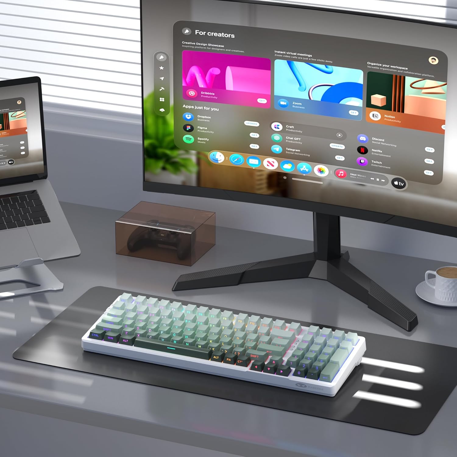 Magegee Light100 White green, Side printing, Blue whale switch,100keys RGB light Tri-mode mechanical keyboard