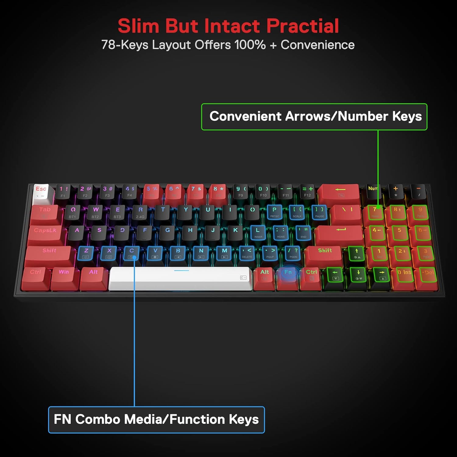 REDRAGON K628CTB-RGB-PRO Pollux PRO,wired 2.4Gp;BT Keyboard, red switch