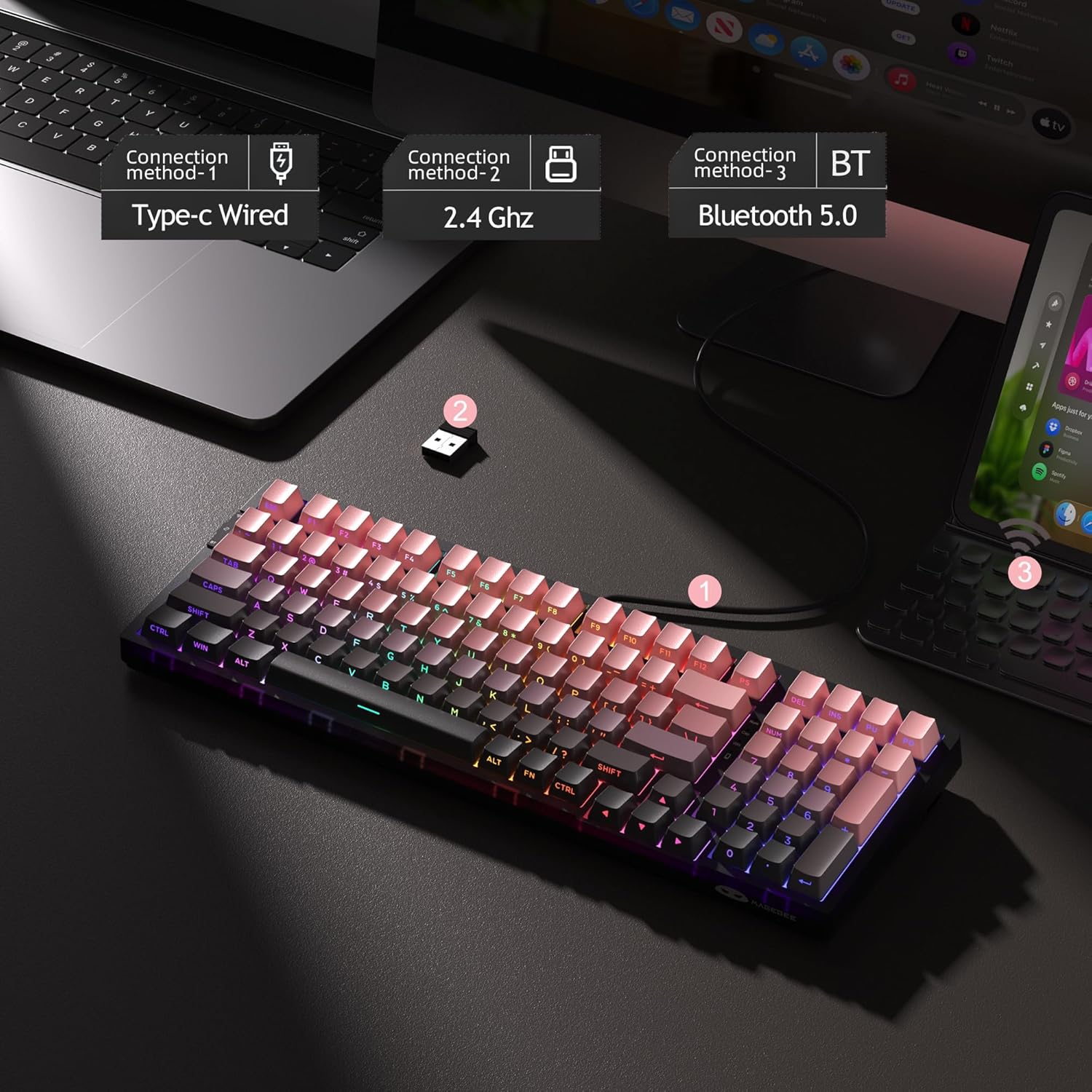 Magegee Light100 Star Pink, Side printed, Blue whale switch 100keys RGB light, Tri-mode mechanical keyboard