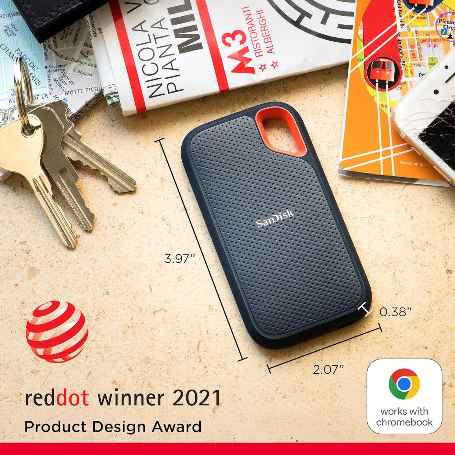 SANDISK SSD 2TB EXTERNAL Portable USB-C,USB3.2 GEN2 R:1050MB/s, W:1000MB/s