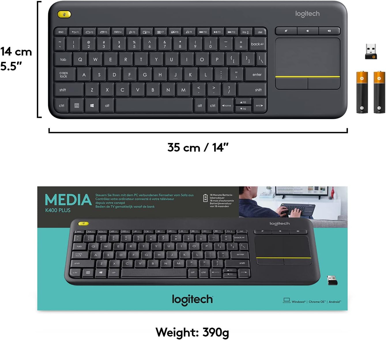 LOGITECH Wireless Touch Keyboard K400 Plus - DARK - ARA