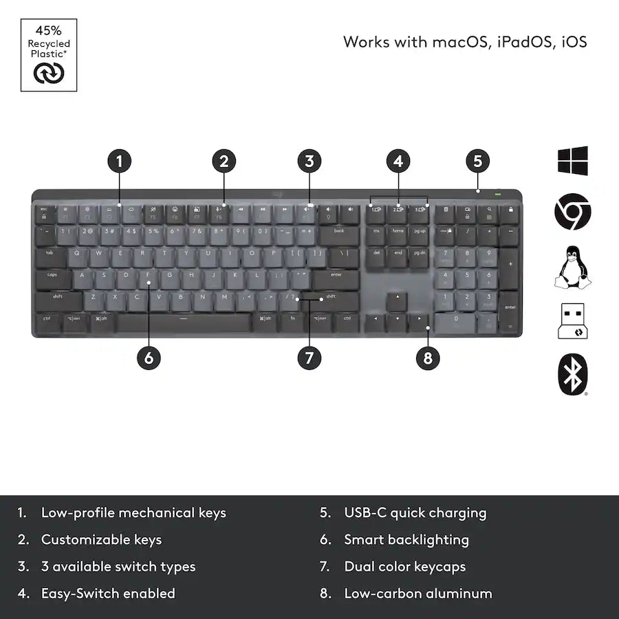 LOGITECH MX Mechanical Bluetooth illuminated keyboard-GRAPHITE-US INT'L-2.4GHZ/BT-N/A