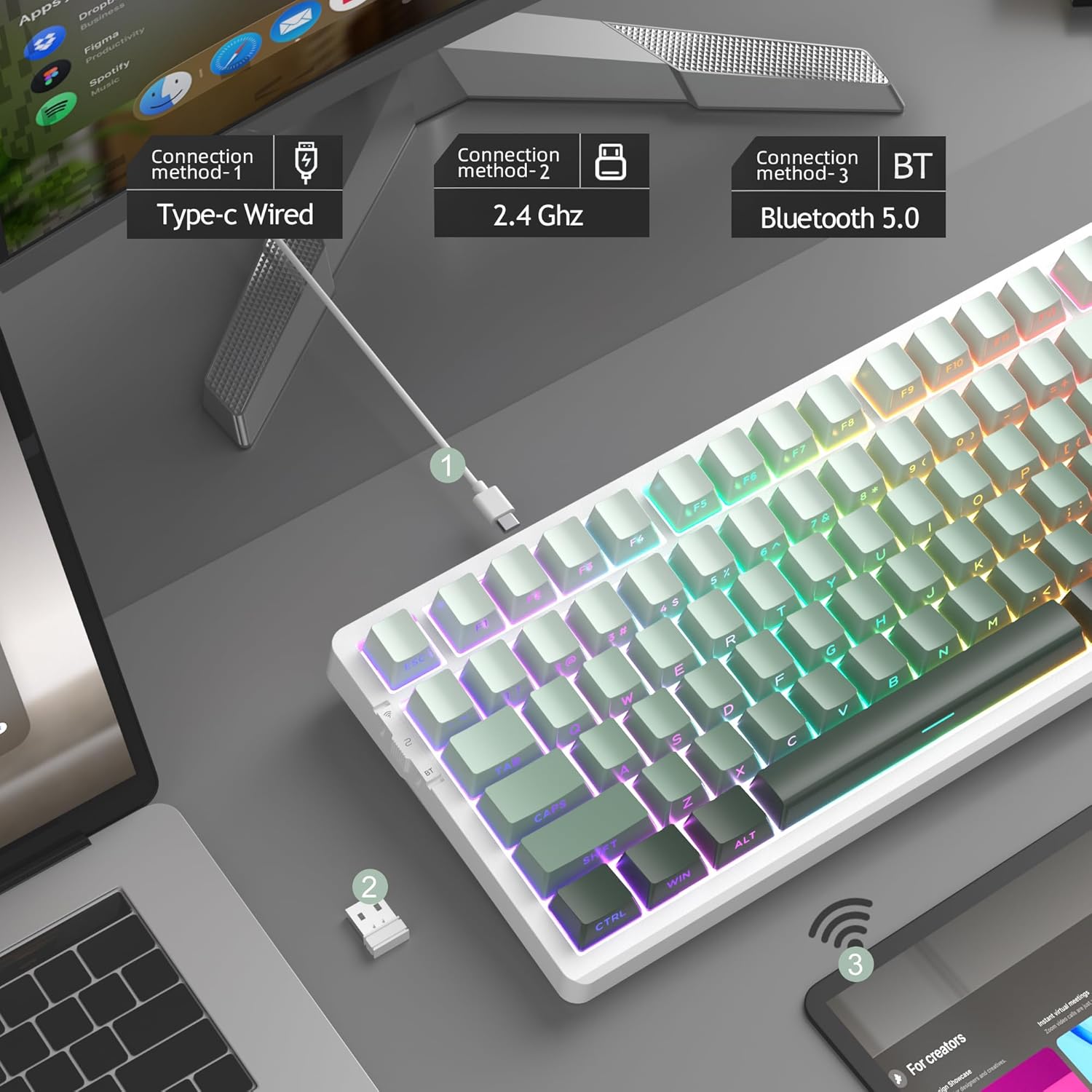 Magegee Light100 White green, Side printing, Blue whale switch,100keys RGB light Tri-mode mechanical keyboard