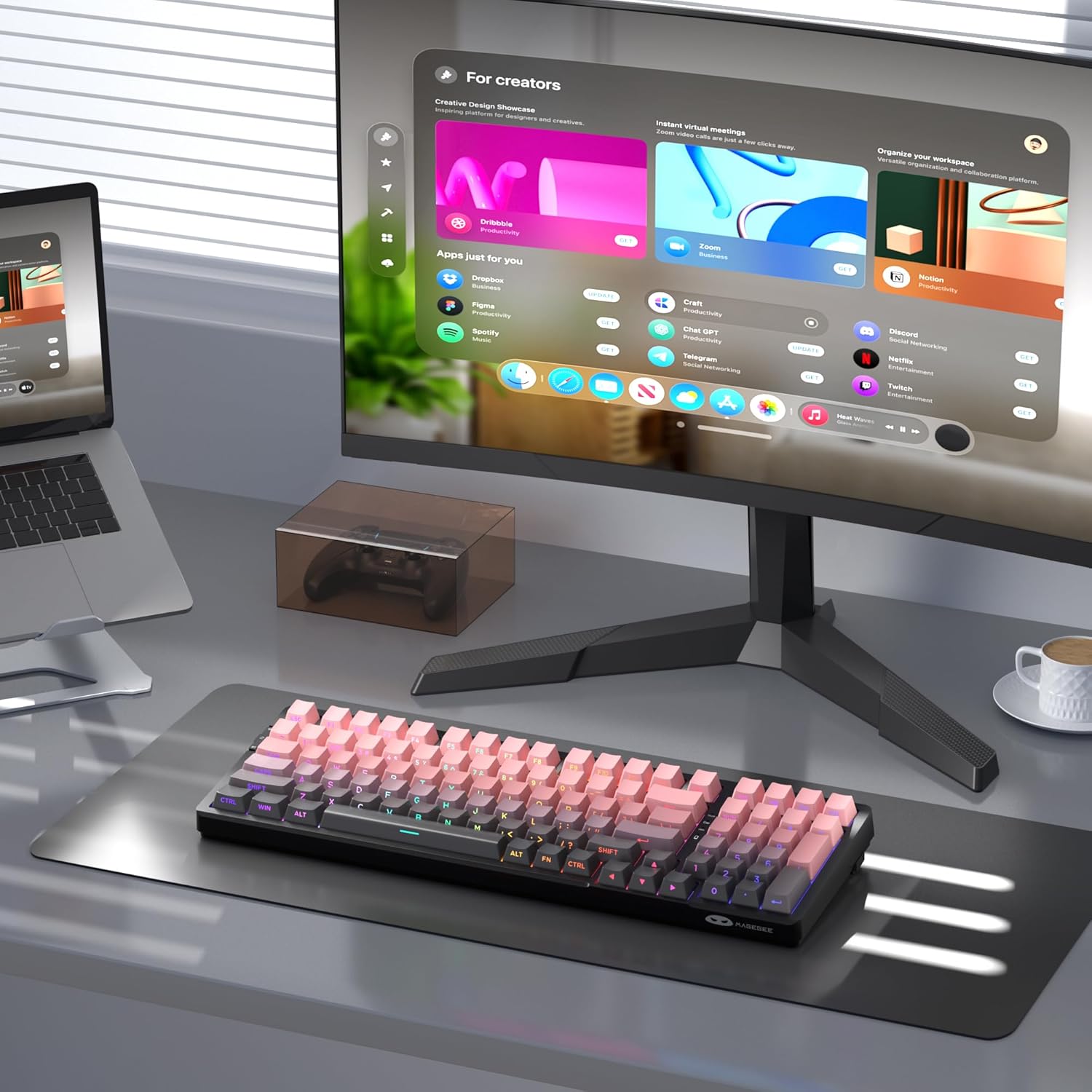 Magegee Light100 Star Pink, Side printed, Blue whale switch 100keys RGB light,  Tri-mode mechanical keyboard