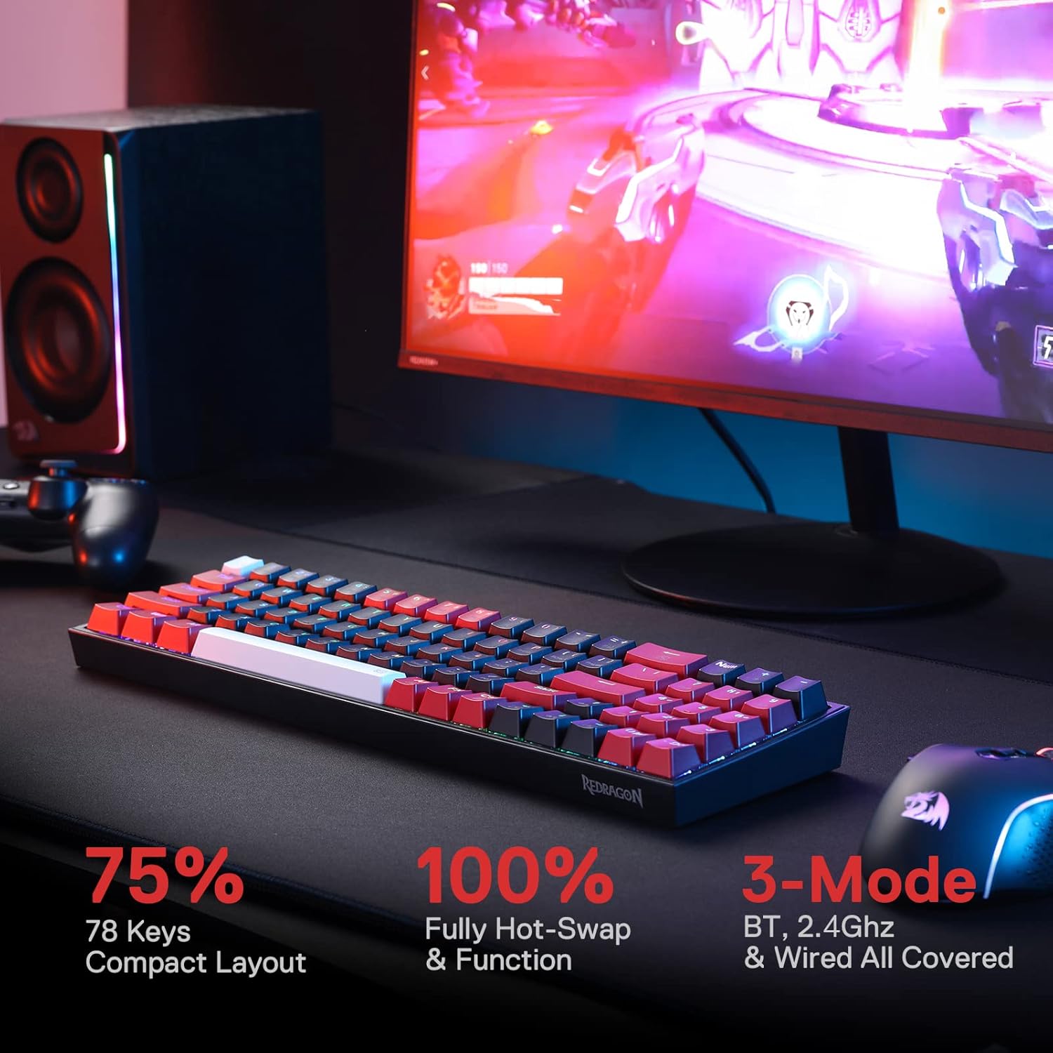 REDRAGON K628CTB-RGB-PRO Pollux PRO,wired 2.4Gp;BT Keyboard, red switch