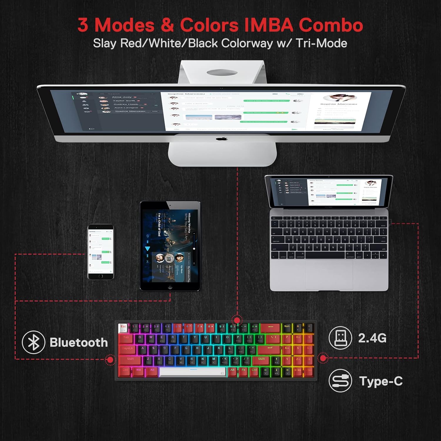 REDRAGON K628CTB-RGB-PRO Pollux PRO,wired 2.4Gp;BT Keyboard, red switch