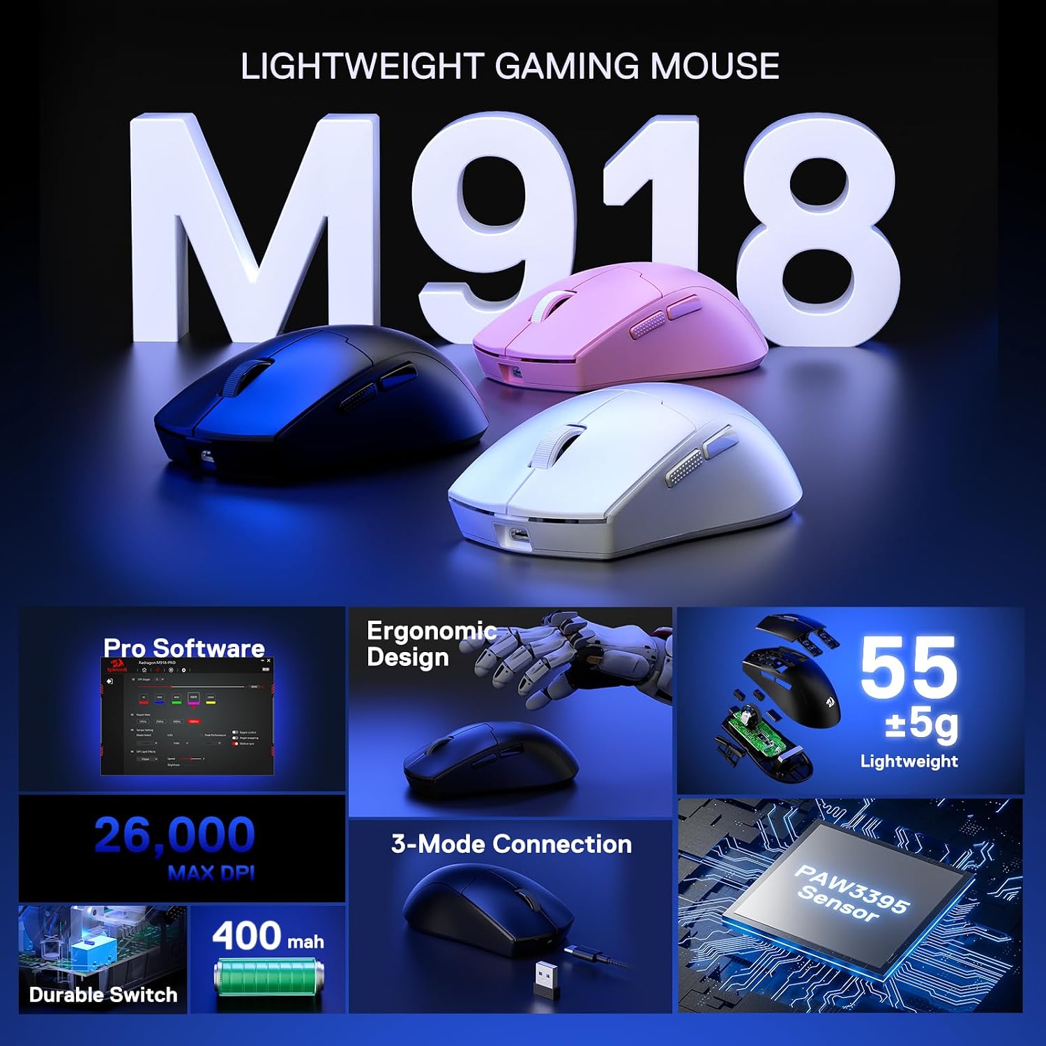 Redragon M918 PRO 3-Mode Wireless Gaming Mouse