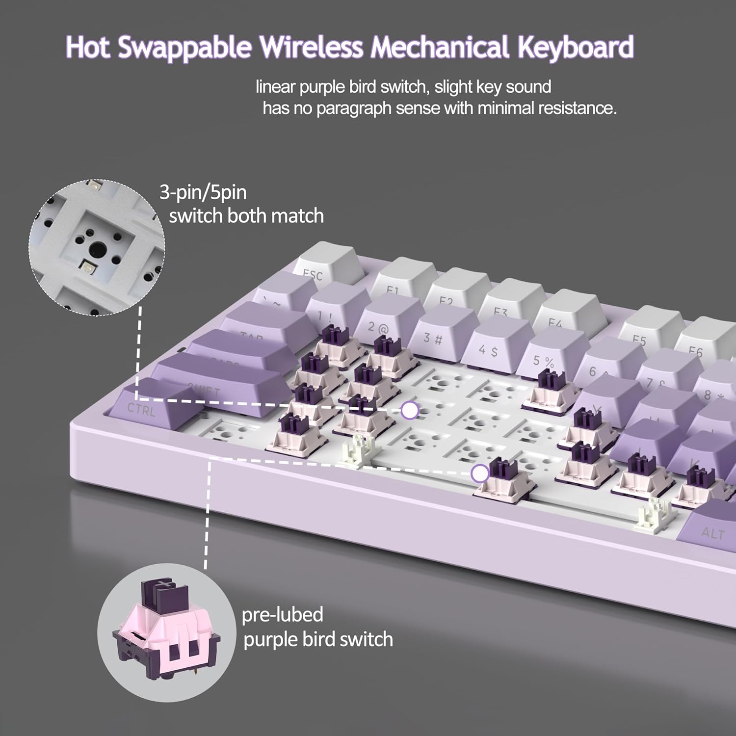 Magegee Light75 White purple, Purple Bird switch,80 keys, RGB light Tri-mode mechanical keyboard