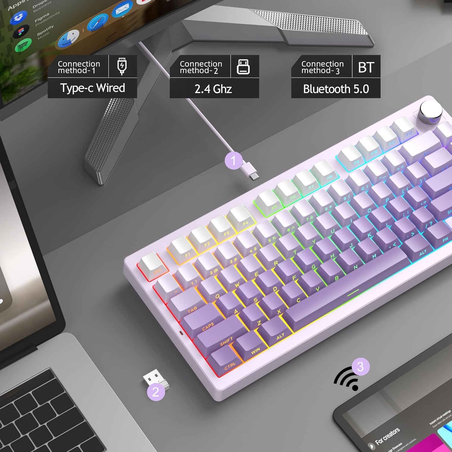 Magegee Light75 White purple, Purple Bird switch,80 keys, RGB light Tri-mode mechanical keyboard