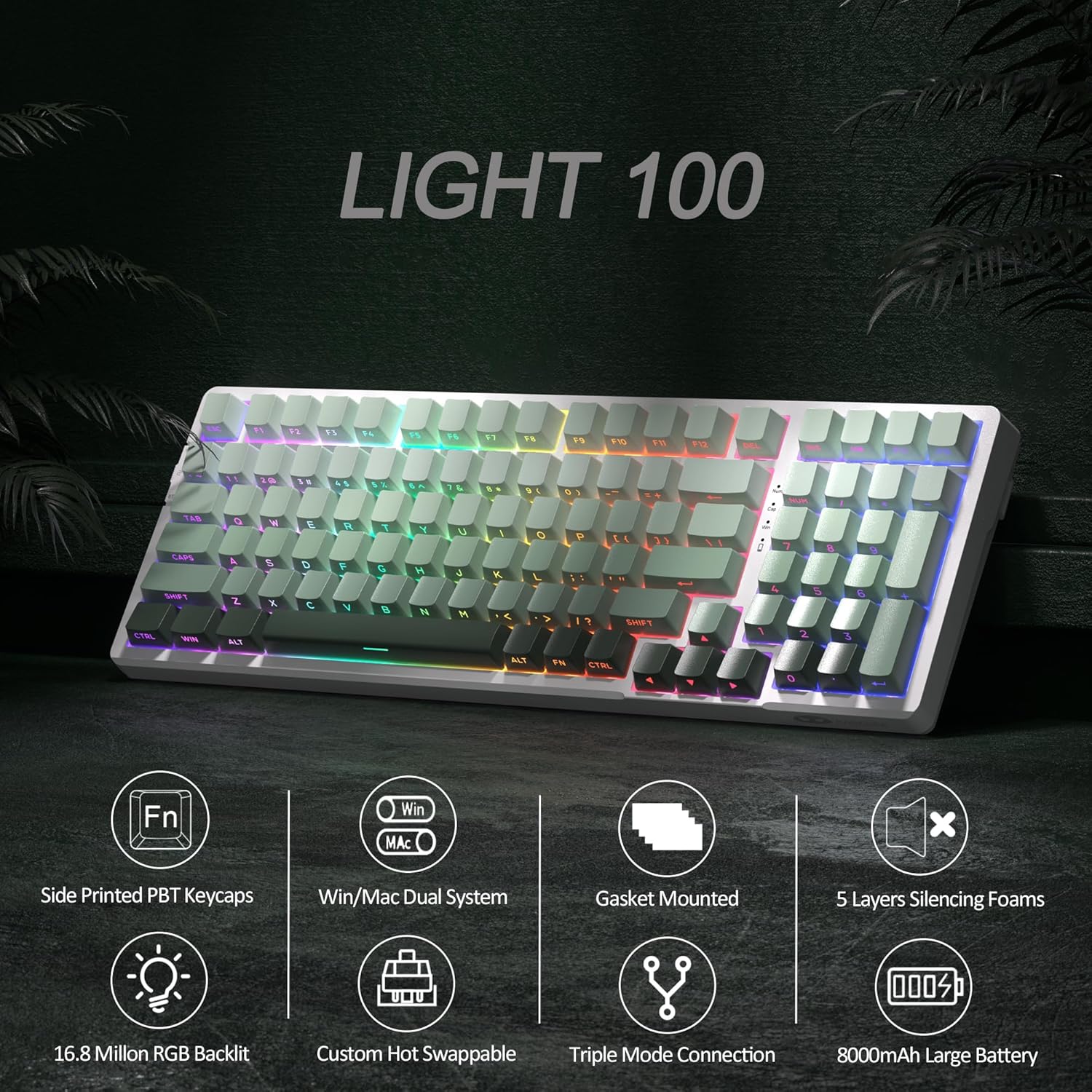 Magegee Light100 White green, Side printing, Blue whale switch,100keys RGB light Tri-mode mechanical keyboard