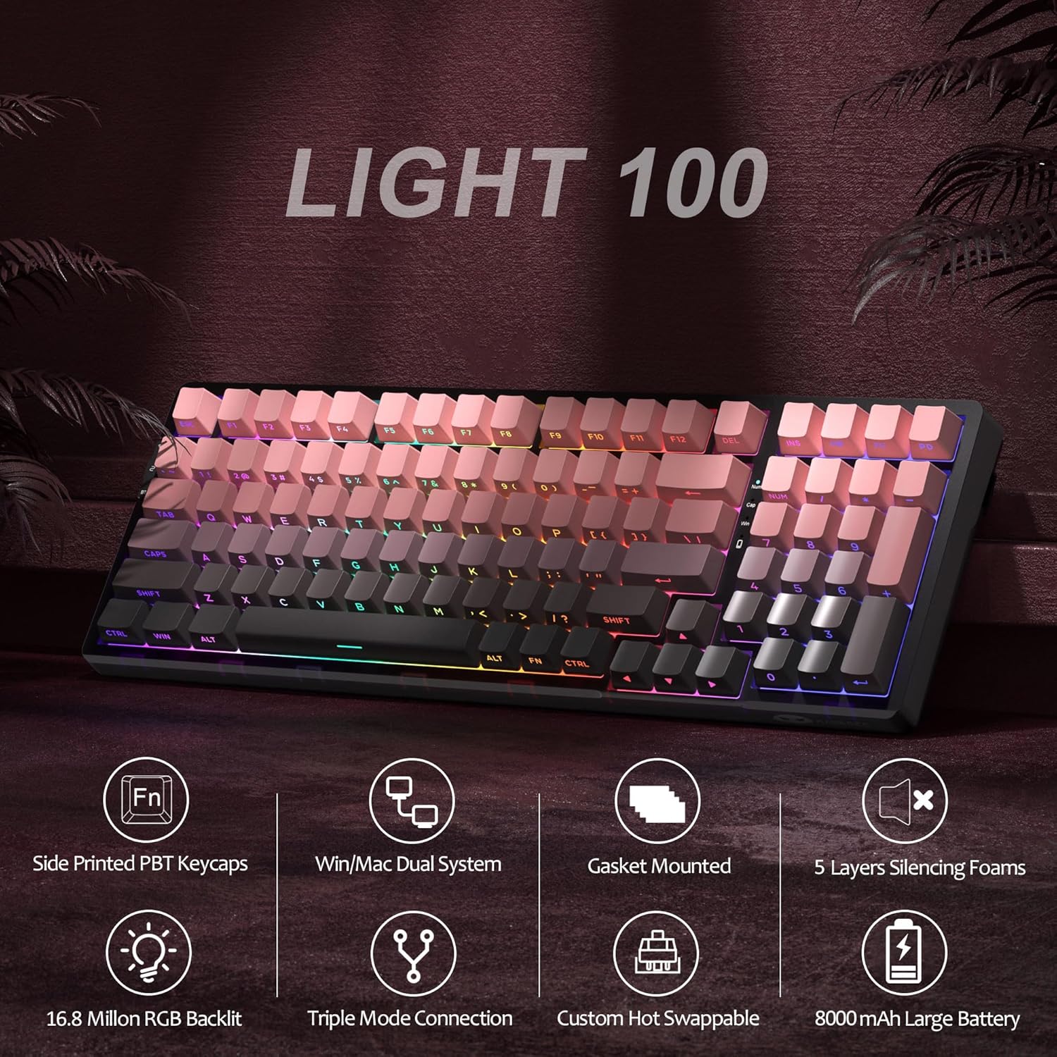 Magegee Light100 Star Pink, Side printed, Blue whale switch 100keys RGB light,  Tri-mode mechanical keyboard