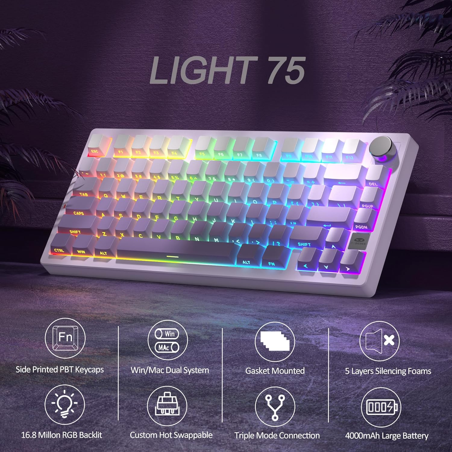 Magegee Light75 White purple, Purple Bird switch,80 keys, RGB light Tri-mode mechanical keyboard