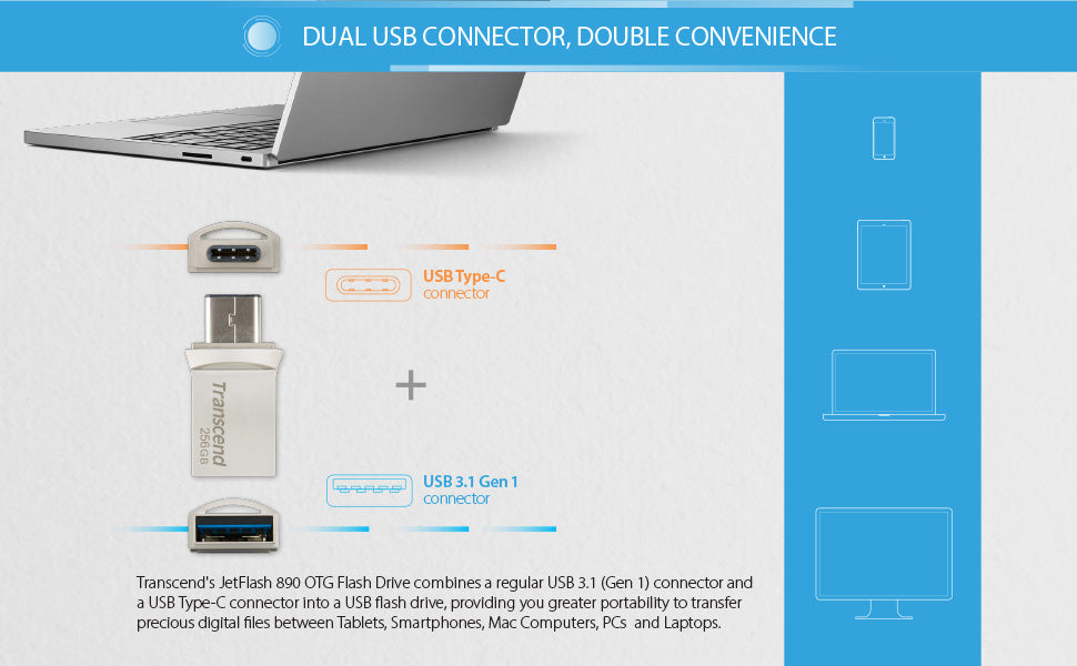 TRANSCEND  890,USB3.1,FLASH DRIVE ,OTG,TYPE A&C,SILVER