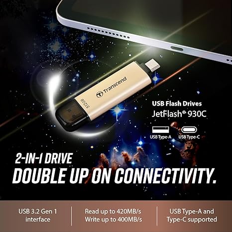 Transcend JF930  Dual USB C Flash Drive for iPhone/iPad/Mac/Windows, Android/Tablet/PC/Gaming Console, Photo Stick Up to 420MB/s, USB 3.2 Thumb Drive
