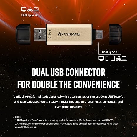 Transcend JF930  Dual USB C Flash Drive for iPhone/iPad/Mac/Windows, Android/Tablet/PC/Gaming Console, Photo Stick Up to 420MB/s, USB 3.2 Thumb Drive