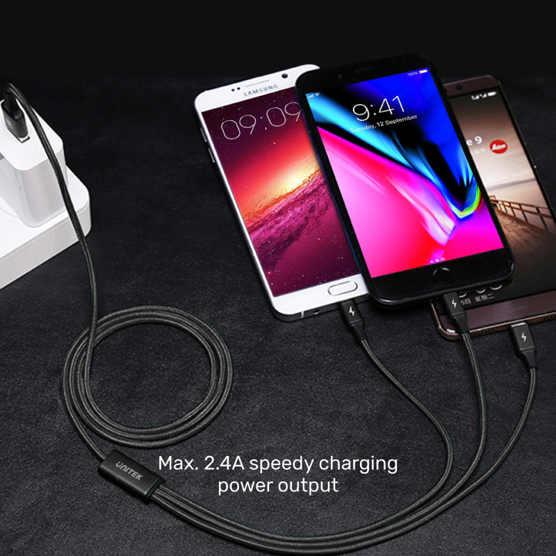 UNITEK C14049BK 3-in-1 USB-A to USB-C / Micro USB / Lightning Multi Charging Cable