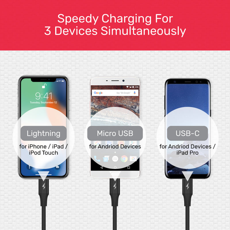 UNITEK C14049BK 3-in-1 USB-A to USB-C / Micro USB / Lightning Multi Charging Cable