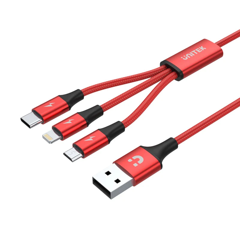 UNITEK C4049RD 3-in-1 USB-A to USB-C / Micro USB / Lightning Multi Charging Cable