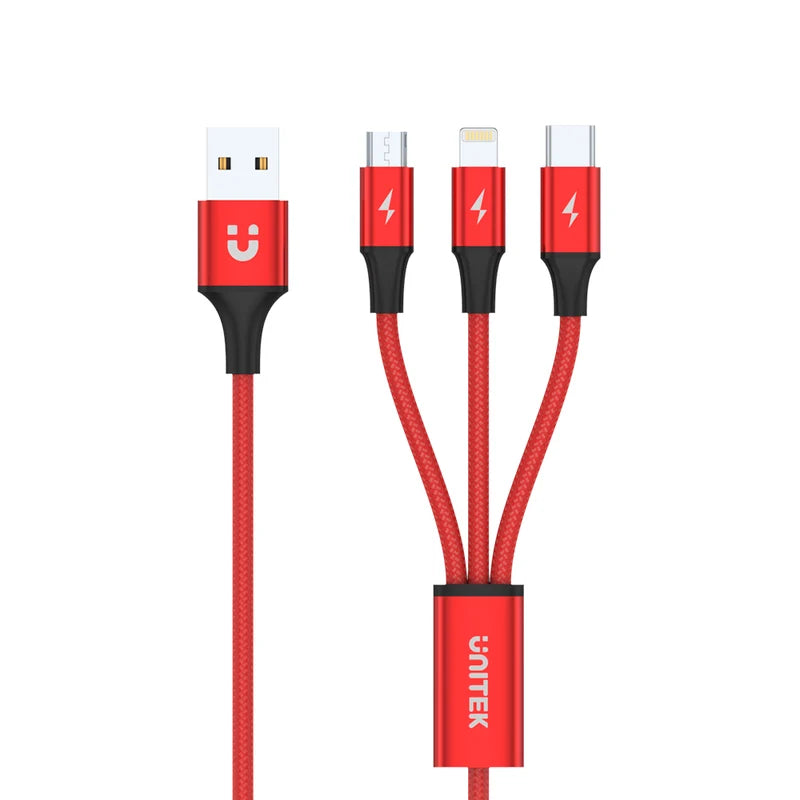 UNITEK C4049RD 3-in-1 USB-A to USB-C / Micro USB / Lightning Multi Charging Cable