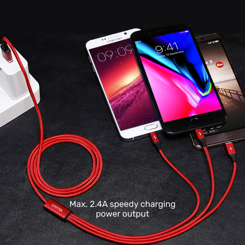 UNITEK C4049RD 3-in-1 USB-A to USB-C / Micro USB / Lightning Multi Charging Cable