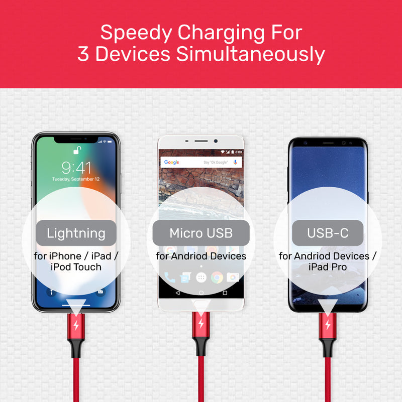 UNITEK C4049RD 3-in-1 USB-A to USB-C / Micro USB / Lightning Multi Charging Cable
