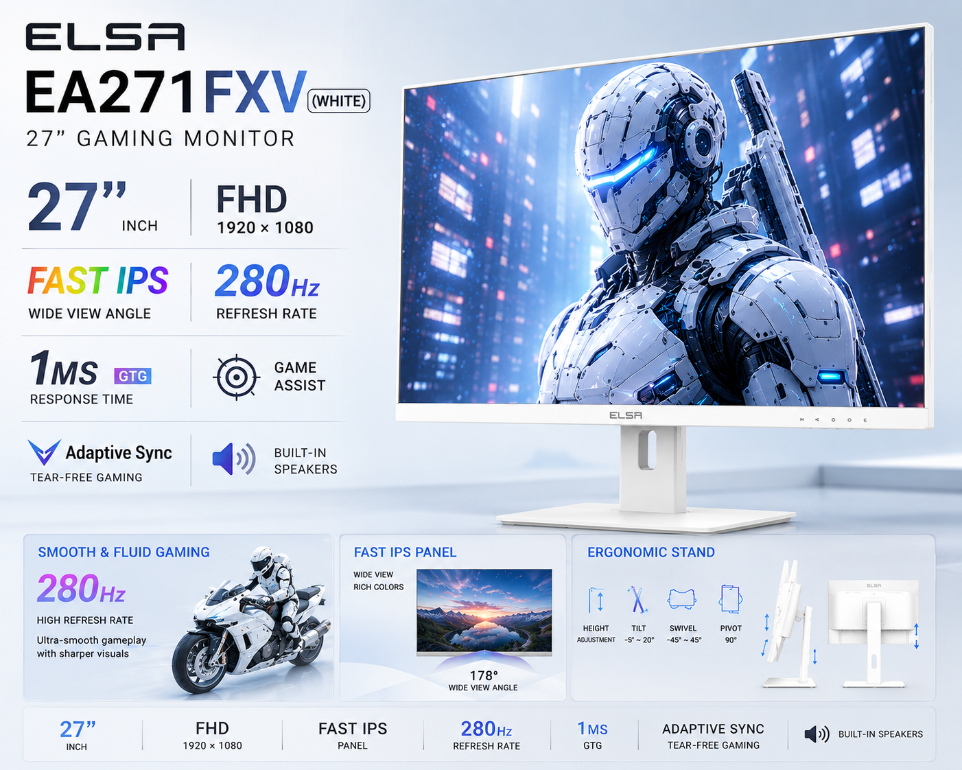 LED ELSA EA271FXV(WHITE) 27'' FHD FAST IPS 280HZ 1MS ADJUSTABLE STAND