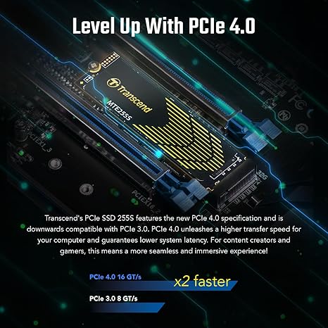 Transcend MTE255S  Gaming SSD with Heatsink, Up to 7,400MB/s, for PS5, Desktops, Laptops, M.2 2280 PCIe 4.0 NVMe Gen4x4 Internal Solid State Hard Drive, 3D TLC NAND, High-Speed Internal SSD