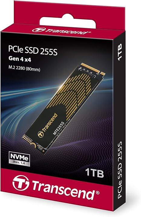Transcend MTE255S  Gaming SSD with Heatsink, Up to 7,400MB/s, for PS5, Desktops, Laptops, M.2 2280 PCIe 4.0 NVMe Gen4x4 Internal Solid State Hard Drive, 3D TLC NAND, High-Speed Internal SSD