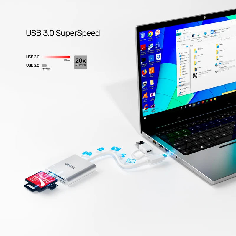 UNITEK Y-9313D 3 Ports USB3.0 Card Reader With USB-C Adapter