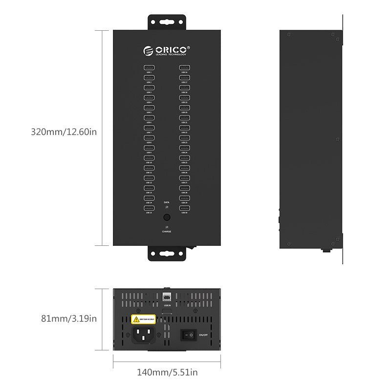 ORICO IH30P-BK 30 Port USB2.0 Industrial HUB with Data Cable and Removable Hanger
