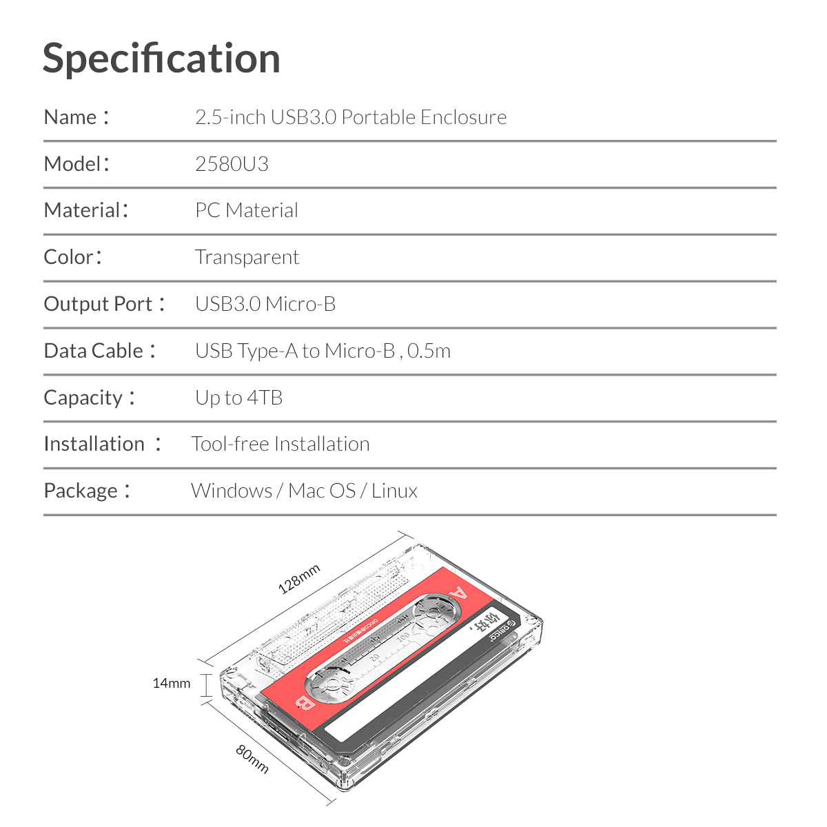 ORICO 2580U3-BK 2.5-Inch USB3.0 Portable Enclosure